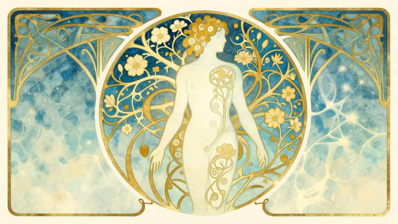 Konceptuální art nouveau obrázek propojující psychologii a neurovědy