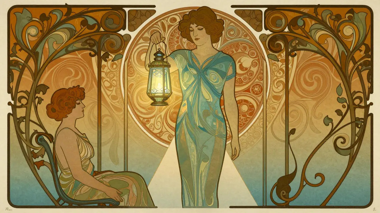 Plakát Art Nouveau: terapeut drží lampu symbolizující jasno a pravidla