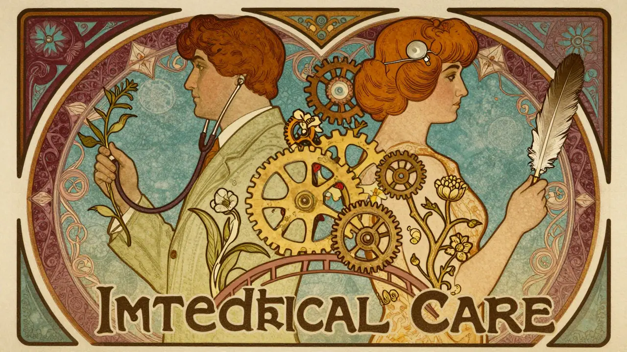 Plakát Art Nouveau znázorňující spolupráci psychiatra a terapeuta