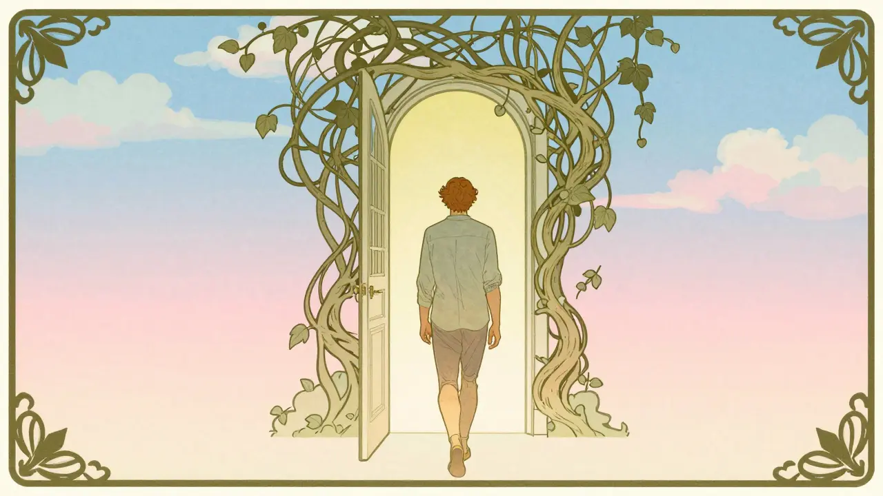 Postava odchází z terapie s pocitem úlevy, styl Art Nouveau