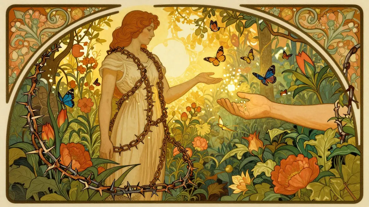 Postava osvobozující se od závislosti v kvetoucí zahradě ve stylu art nouveau