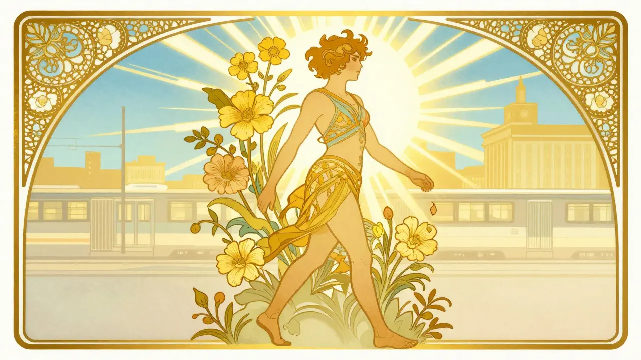 Sebedůvěrná postava chodící městem uprostřed květů a světla ve stylu Art Nouveau