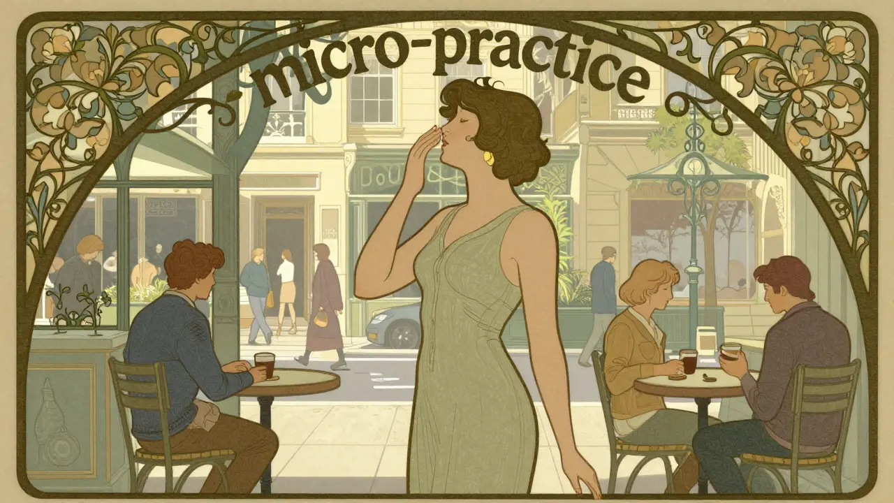Stylizovaná scéna mikrocvičení během každodenní rutiny v estetiky Art Nouveau.