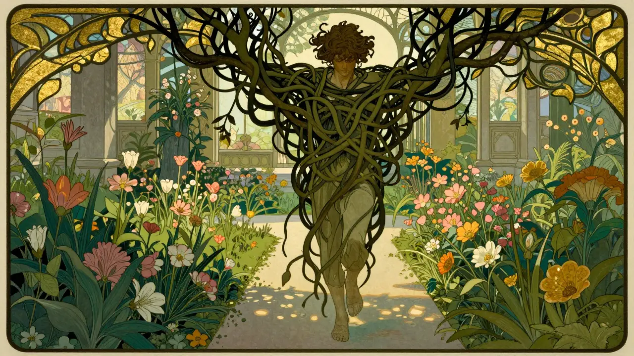 Symbolika uzdravení a růstu ve stylu Art Nouveau reklamy