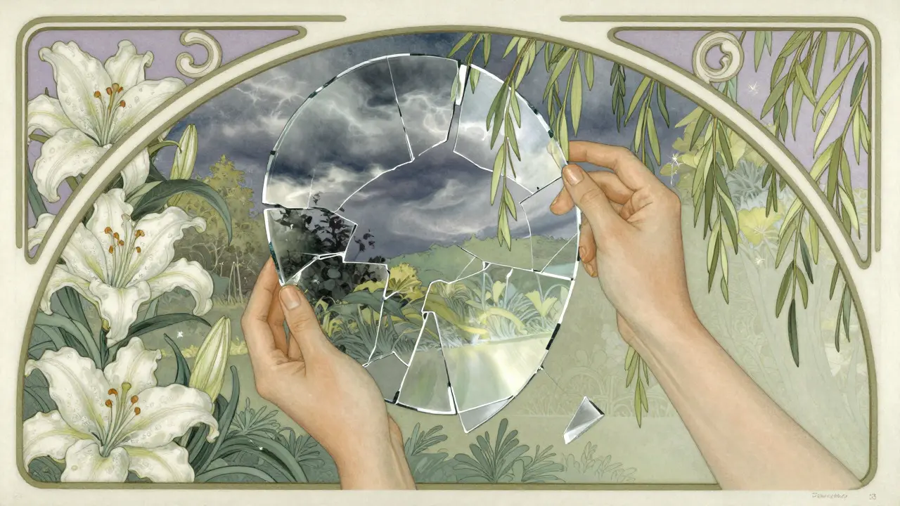Art Nouveau ilustrace: rozbité zrcadlo se skládá dohromady, symbolizující integraci traumatu