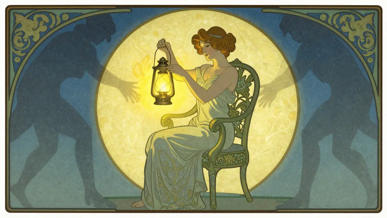 Art Nouveau plakát: klidná postava s lampou vytvářející bezpečný prostor proti stínům