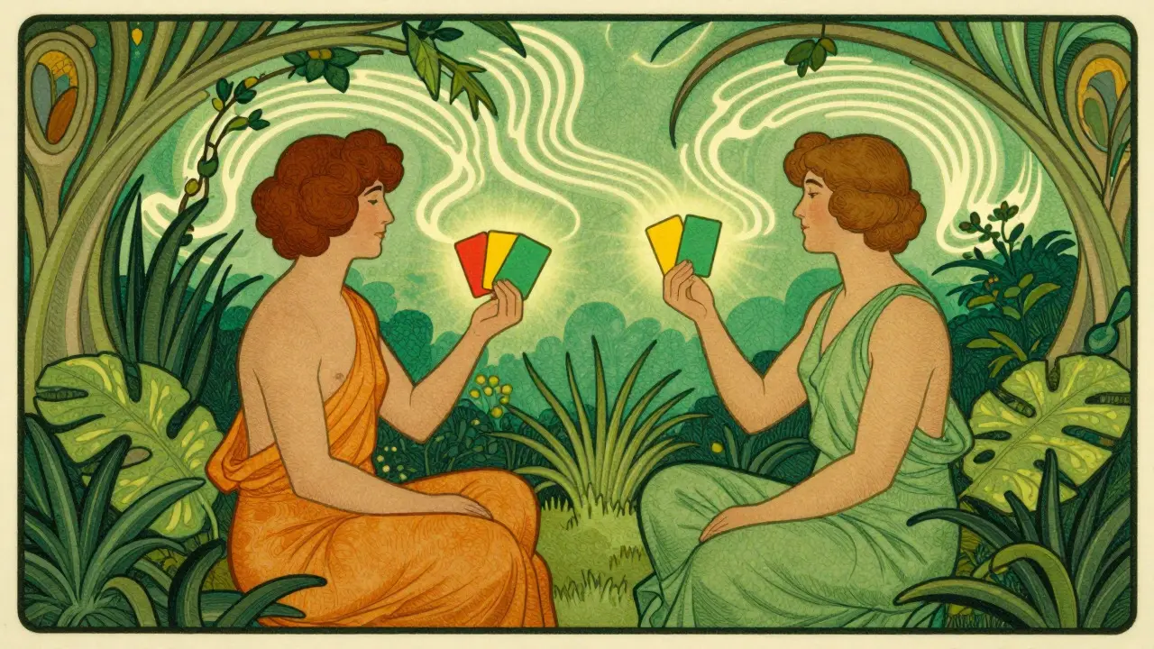 Art Nouveau scéna komunikace: Pacient používá barevné karty pro kontrolu tempa terapie.