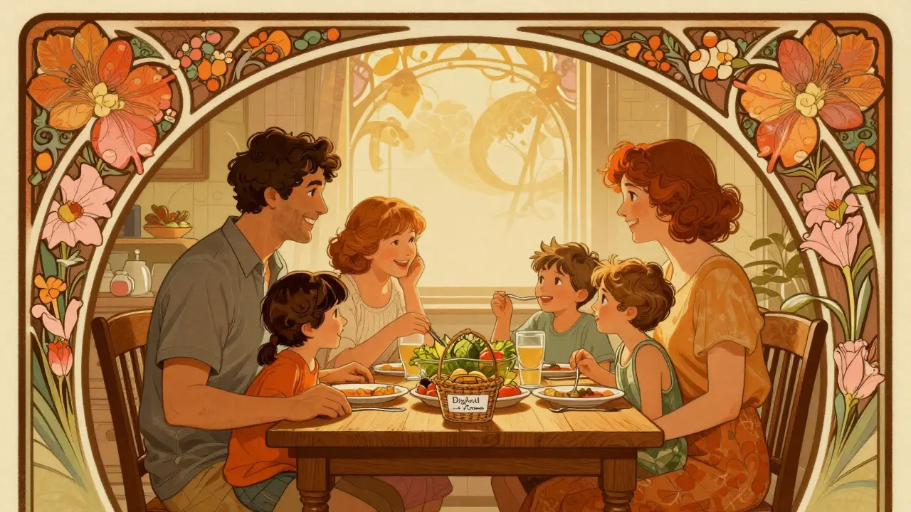 Family enjoying device-free dinner in Art Nouveau illustration