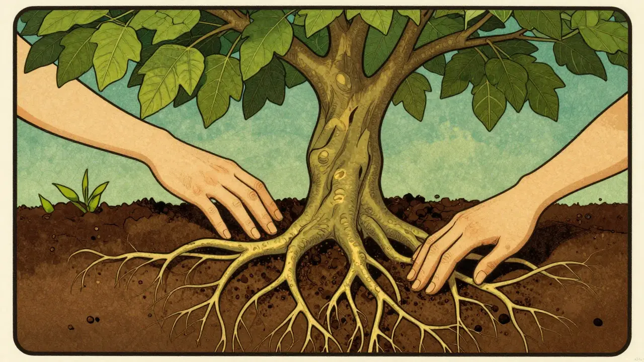Ilustrace stromu s kořeny: jedna ruka upravuje listí, druhá pracuje s hlubokými kořeny, představující dlouhodobou terapii.