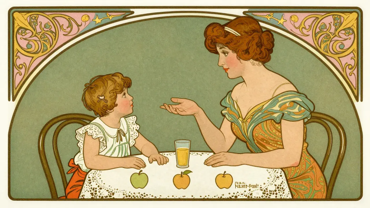 Matka a dítě s vizuálními pomůckami u stolu, klidná domácí scéna