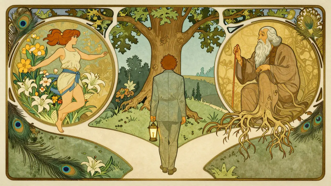 Osoba volící cestu k terapeutovi podle intuice, styl Art Nouveau