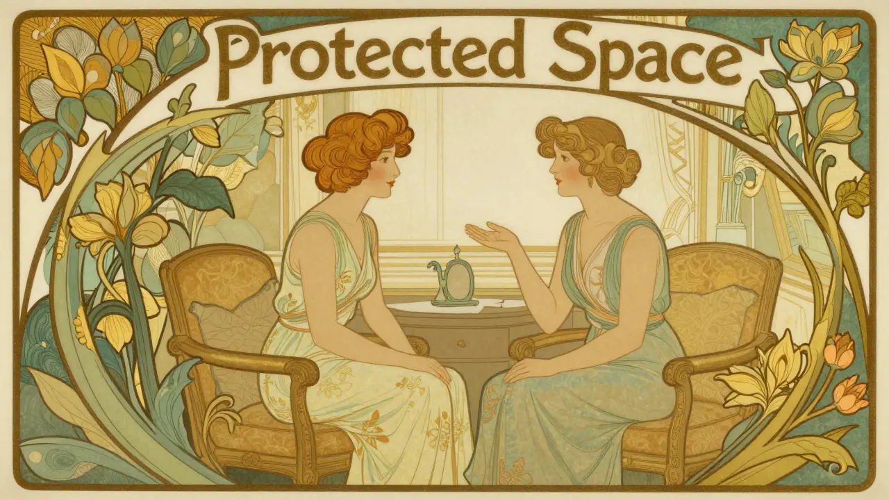 Pár v klidné terapii, spojený květinovými vzory ve stylu Art Nouveau