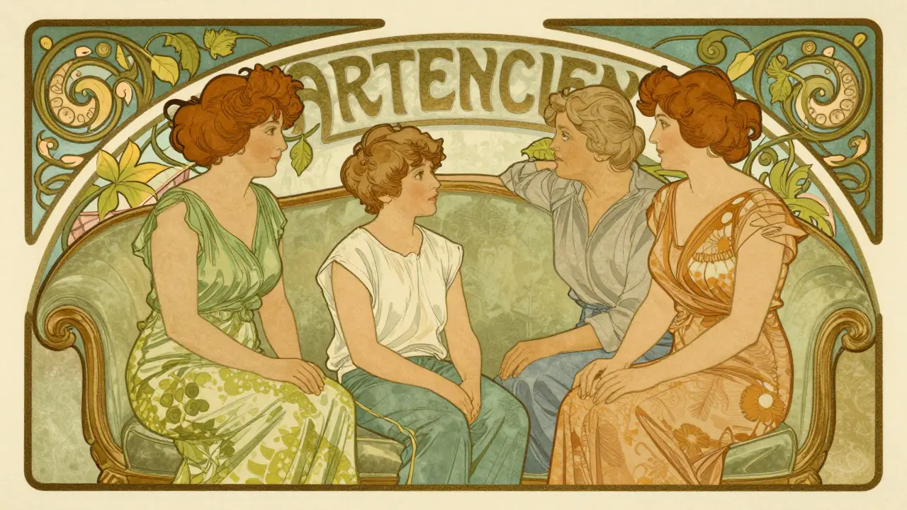 Podpůrná rodina s dospívajícím, ilustrace ve stylu Art Nouveau