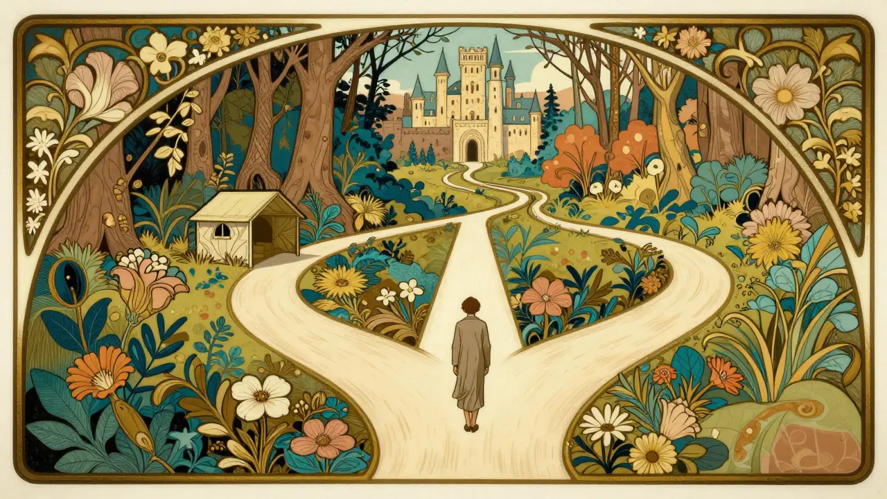 Postava u rozcestí dvou cest v květinovém rámu Art Nouveau, volící mezi krátkodobou úlevou a dlouhodobým uzdravením.