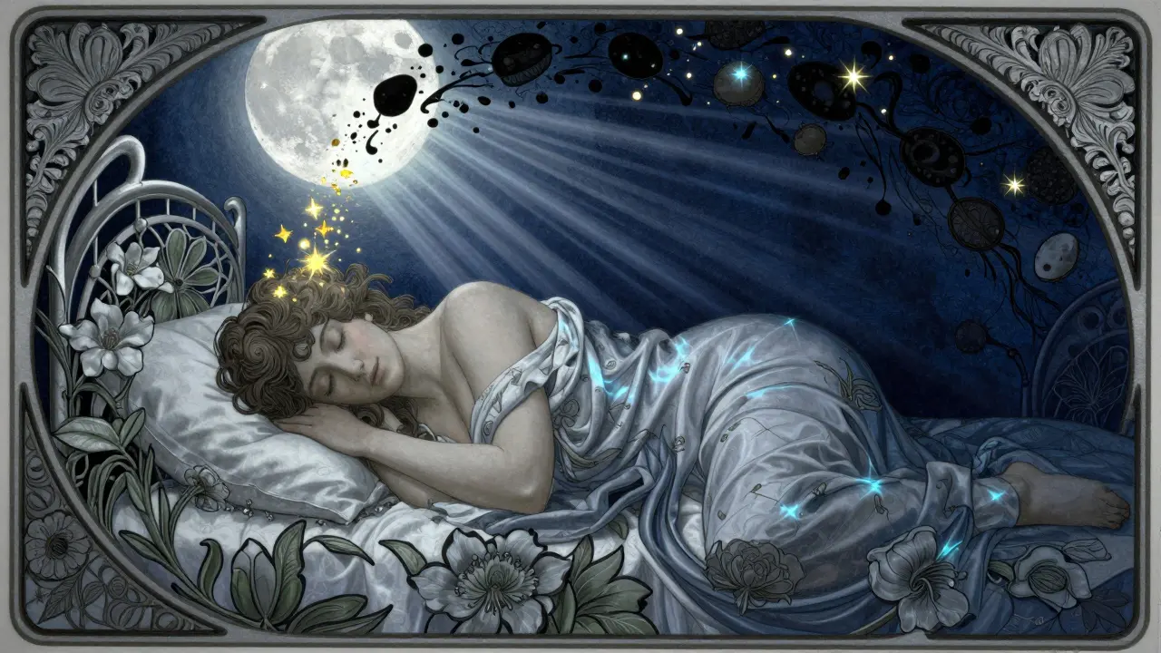 Spící postava na květinovém lůžku, kde měsíční světlo čistí mozek od toxinů v stylu Art Nouveau
