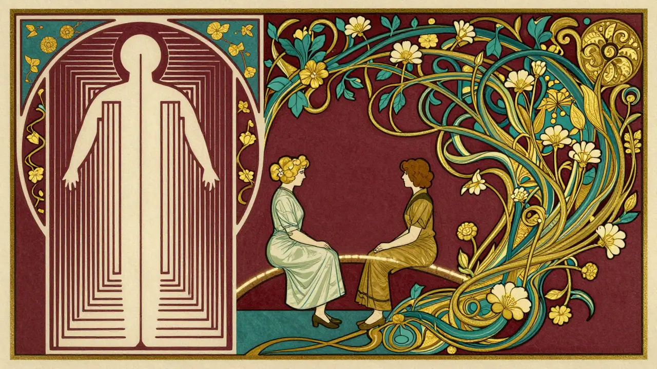 Srovnání klasické a ericksonovské hypnoterapie ve stylu Art Nouveau plakátu