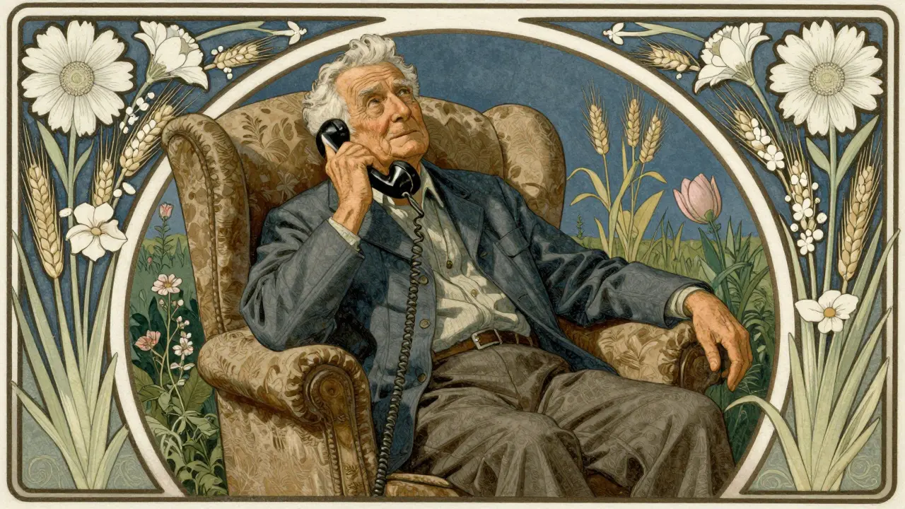 Starší osoba v pohovce mluví do telefonu, obklopena květinovými motivy Art Nouveau.