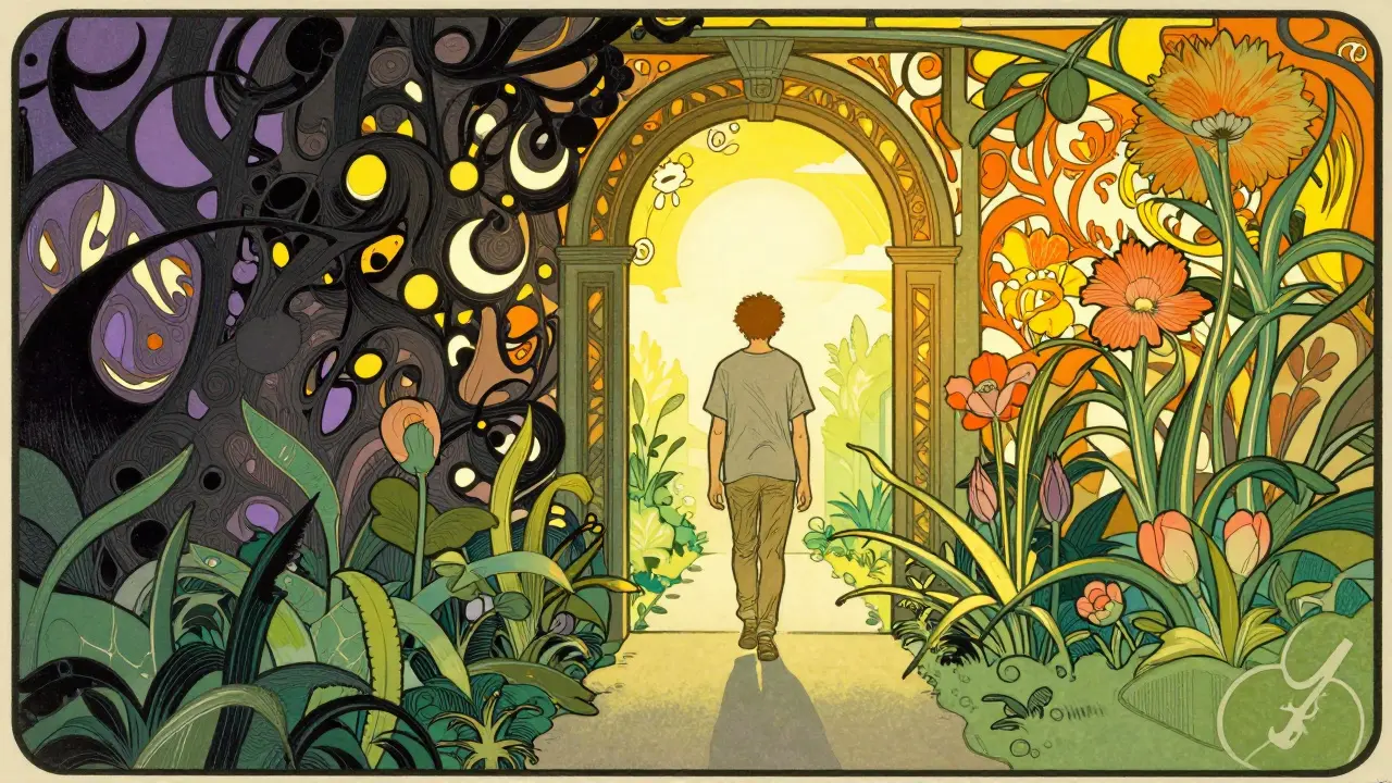 Symbol uzdravení: krok ze stínu do světla, styl Art Nouveau
