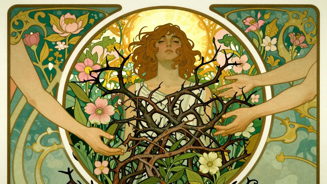 Symbolická ilustrace uzdravení a podpory při duální diagnóze ve stylu Art Nouveau