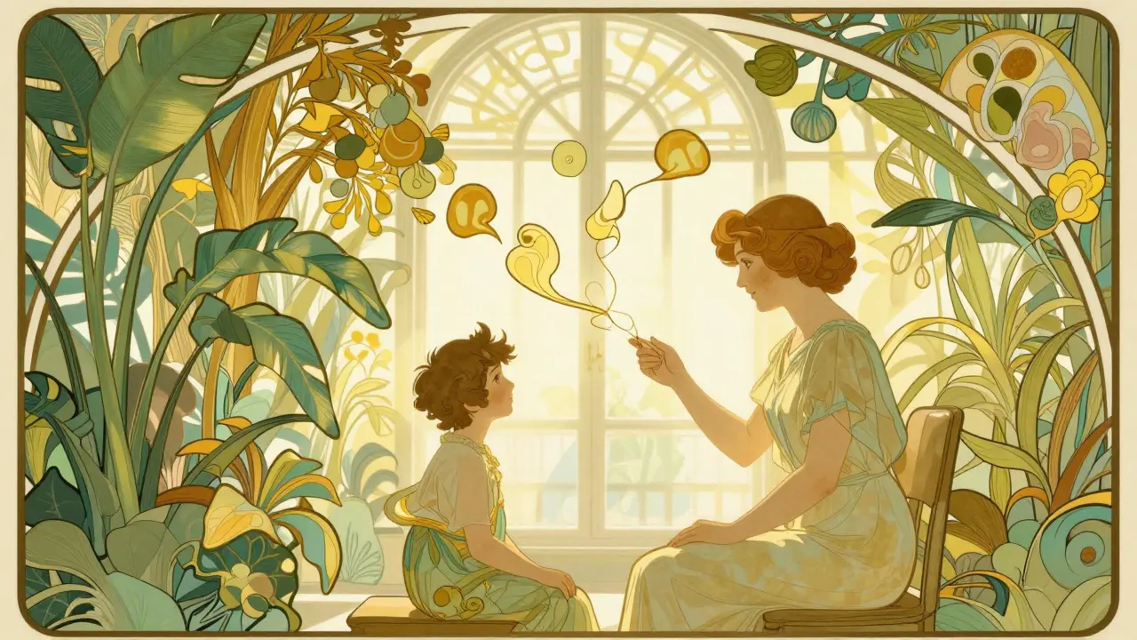 Therapist helping child heal with nature motifs in Art Nouveau
