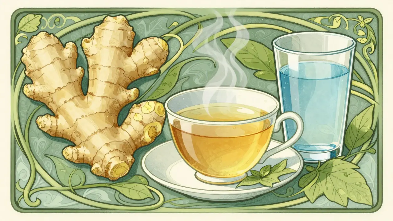 Zázvorový čaj a voda jako podpora proti nevolnosti, ilustrace