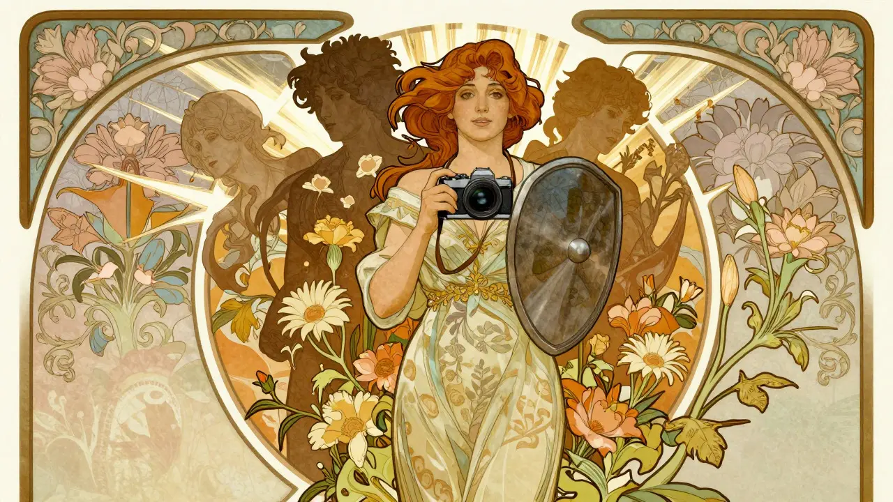 Žena s fotoaparátem jako zdroj bezpečí při léčbě traumatu, styl Art Nouveau