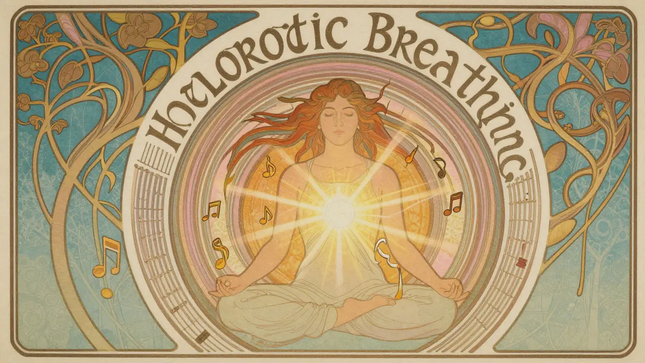 Žena v meditaci obklopená prsteny energie a hudby ve stylu Art Nouveau