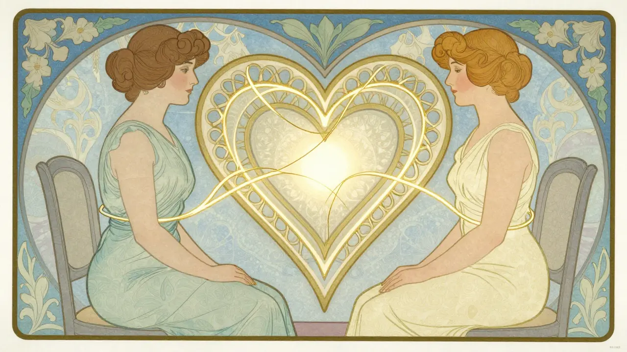 Art Nouveau ilustrace: terapeut a klient spojeni zlatým vláknem důvěry a harmonie.