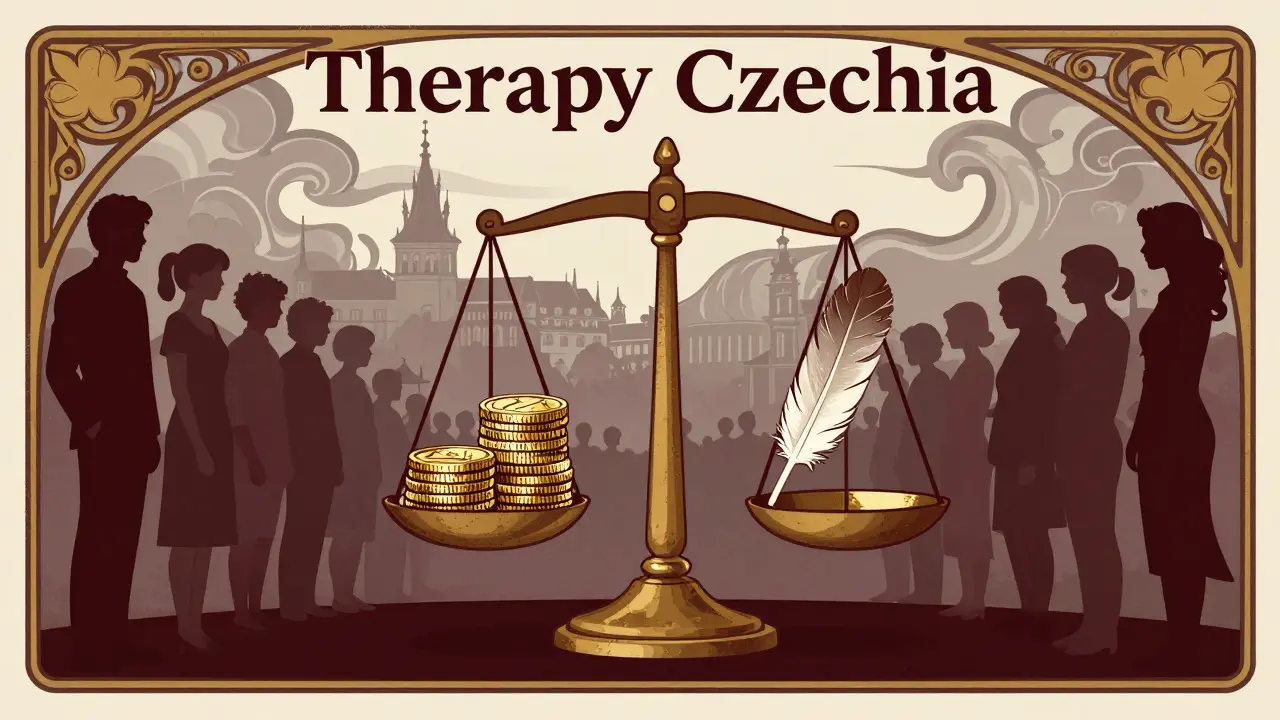 Art Nouveau plakát: váhy s mincemi a peříčkem symbolizující dostupnost terapie.