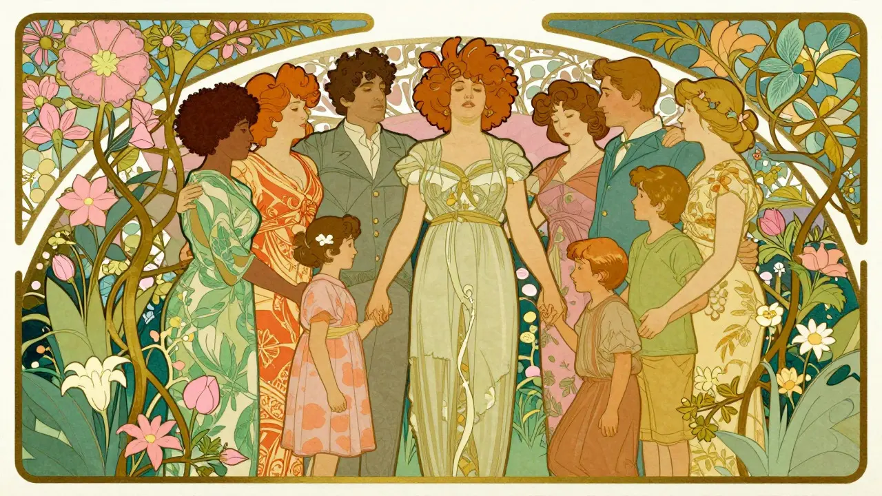 Ilustrace v stylu art nouveau znázorňující podporu rodiny a přátel při uzdravování