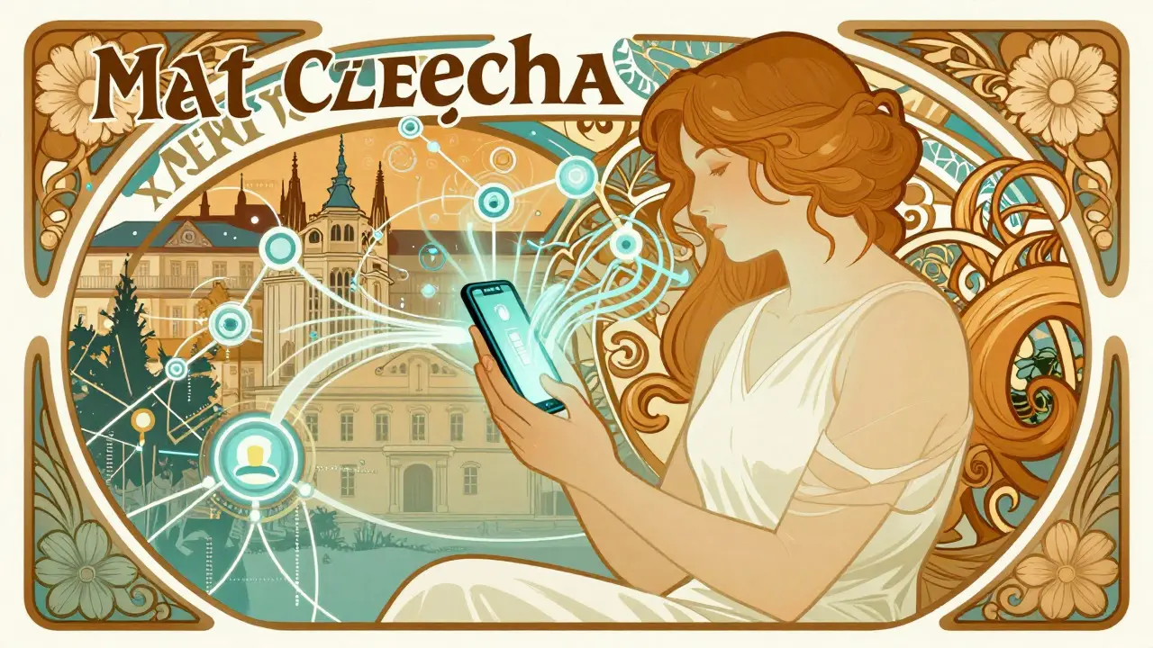 Klidná postava s telefonem emitujícím světlo nad Prahou