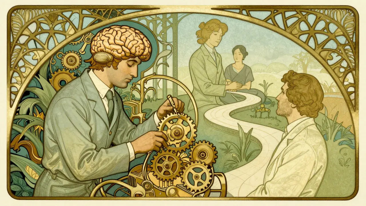 Konceptuální zobrazení kombinace léků a psychoterapie v Art Nouveau
