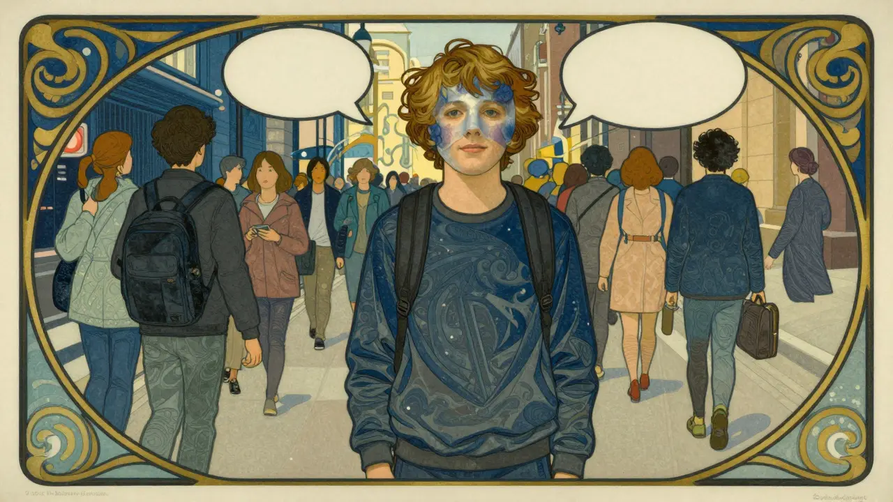 Mladý člověk ve městě s mizící maskou, symbolizující autenticitu