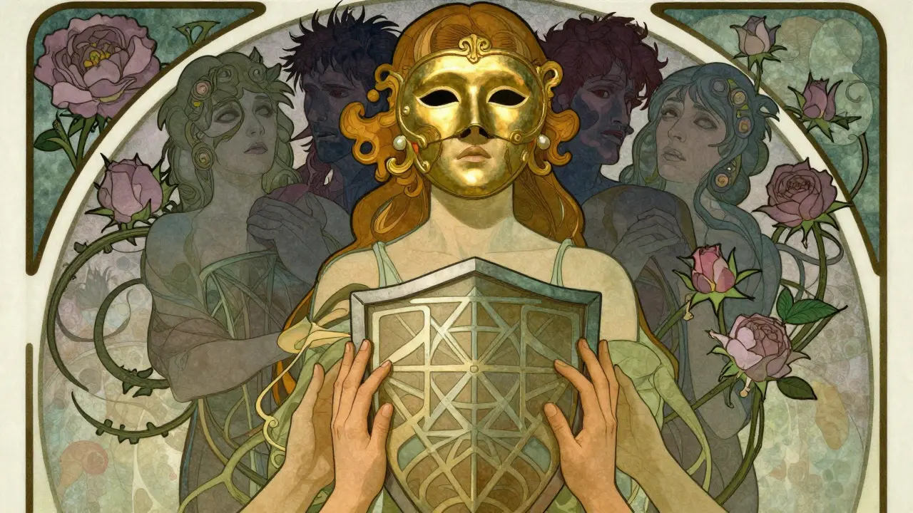 Postava za zlatou maskou chráněná rodinným štítem