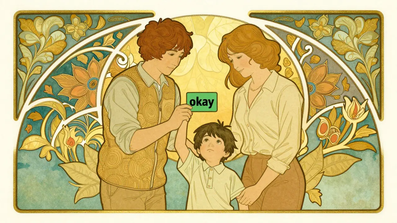Rodič a učitel stojí vedle sebe a pozorují dítě držící zelenou kartičku, symbolizující pohodu.