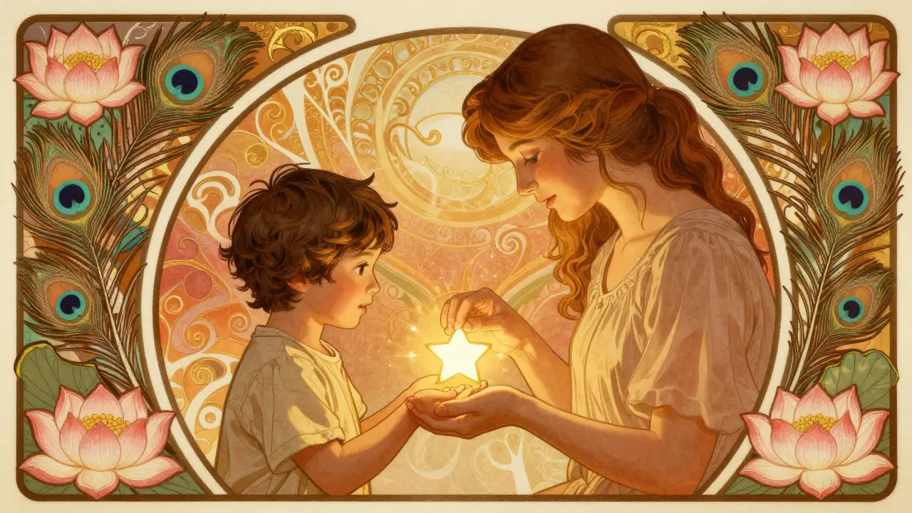Rodič dává dítěti zářící hvězdičku jako odměnu v dekorativním rámu Art Nouveau