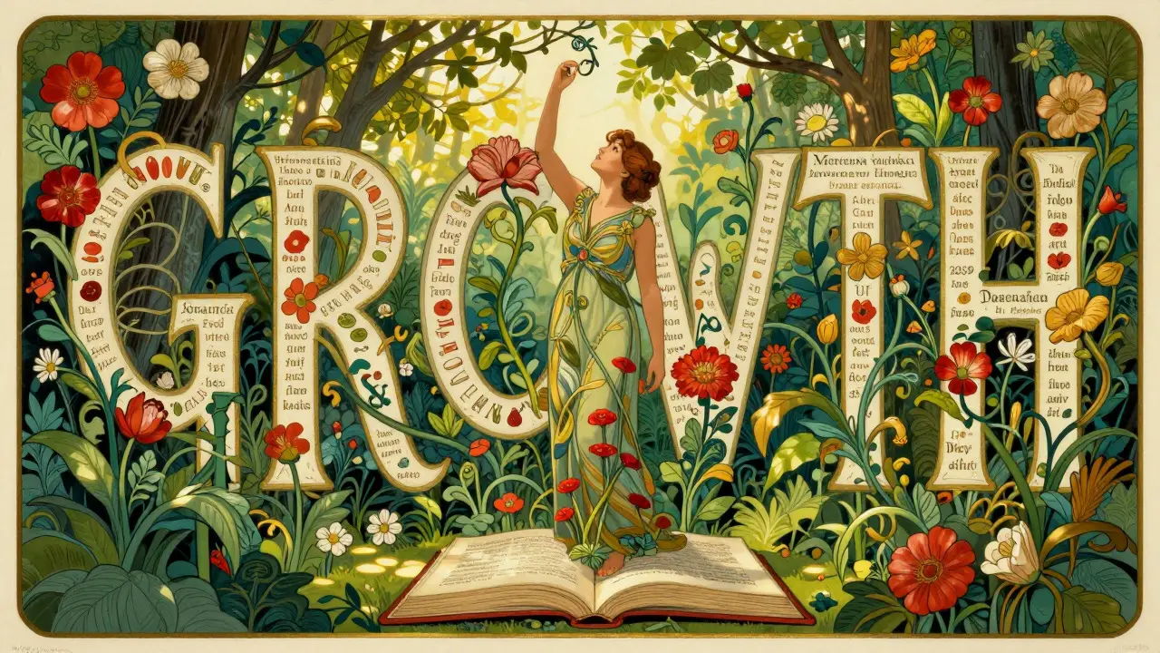 Rostoucí květiny vycházející z knih ve stylu art nouveau
