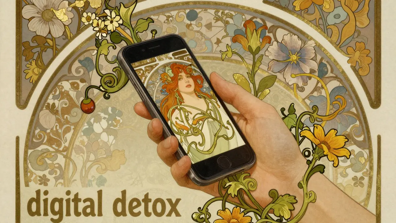 Ruka držící telefon, ze kterého vyrůstají květy, symbolizující digitální detox