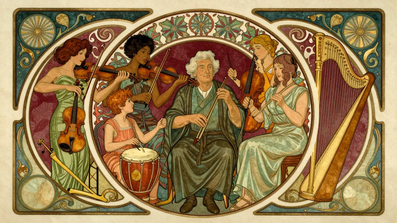 Různí lidé hrající na nástroje v kruhu s ornamentálním rámečkem Art Nouveau