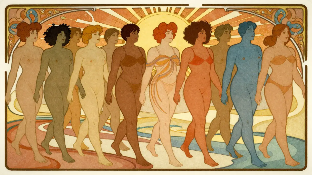 Skupina lidí chodících po cestě v duchu tělesné neutrality v Art Nouveau stylu