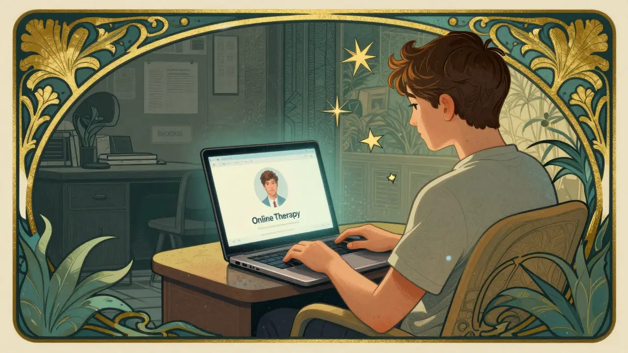 Student doing online therapy session, stylized Art Nouveau art