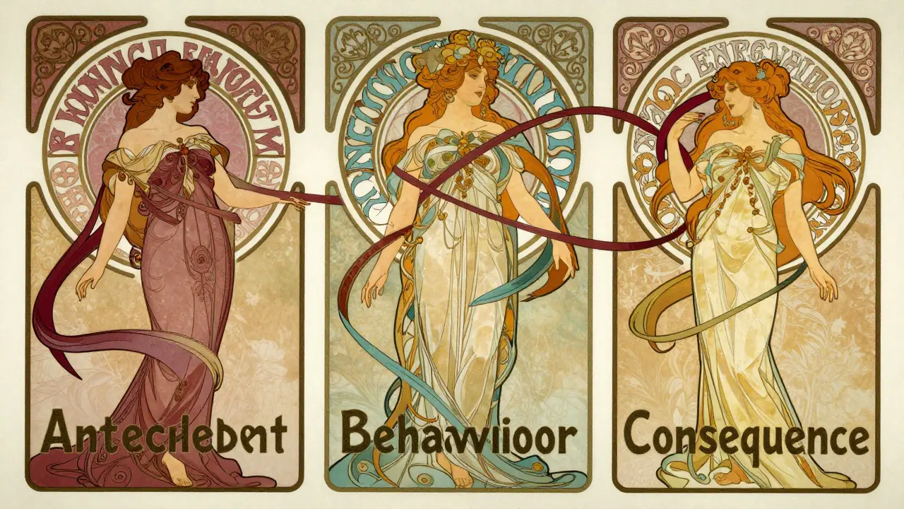 Stylizovaná ilustrace: tři postavy spojené stuhami představují metodu ABC analýzy