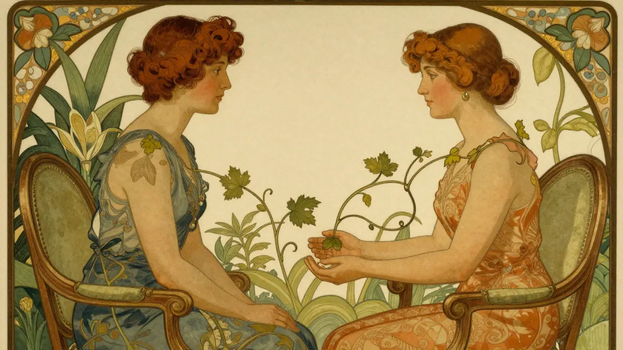 Terapeutická schůzka zobrazená jako propojení květinami v art nouveau stylu