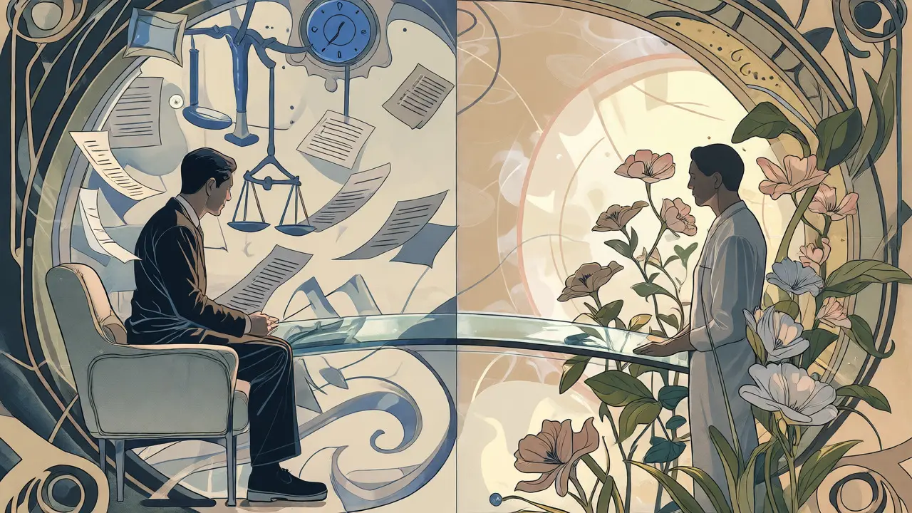 Abstraktní ilustrace propojující terapeuta a klienta přes křehký můstek smluvních podmínek.