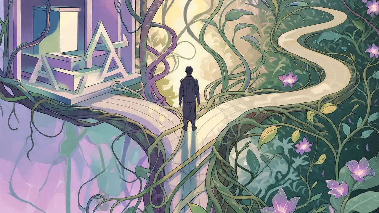 Art Nouveau ilustrace křižovatky mezi rigidními programy a flexibilní terapií pro duální diagnózu ADHD a závislosti.