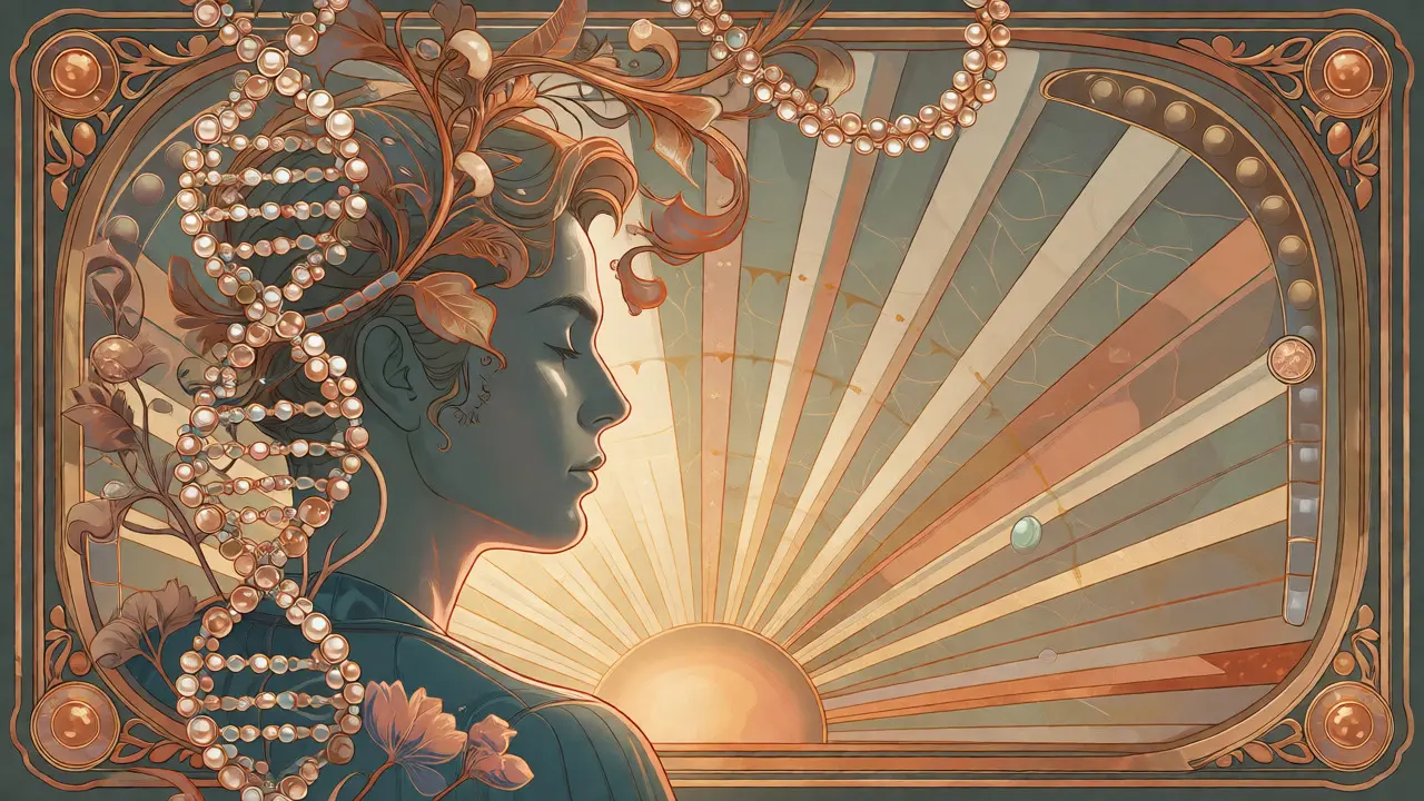 Elegantní Art Nouveau grafika s genetickými motivy symbolizující personalizovanou medicínu pro léčbu ADHD.