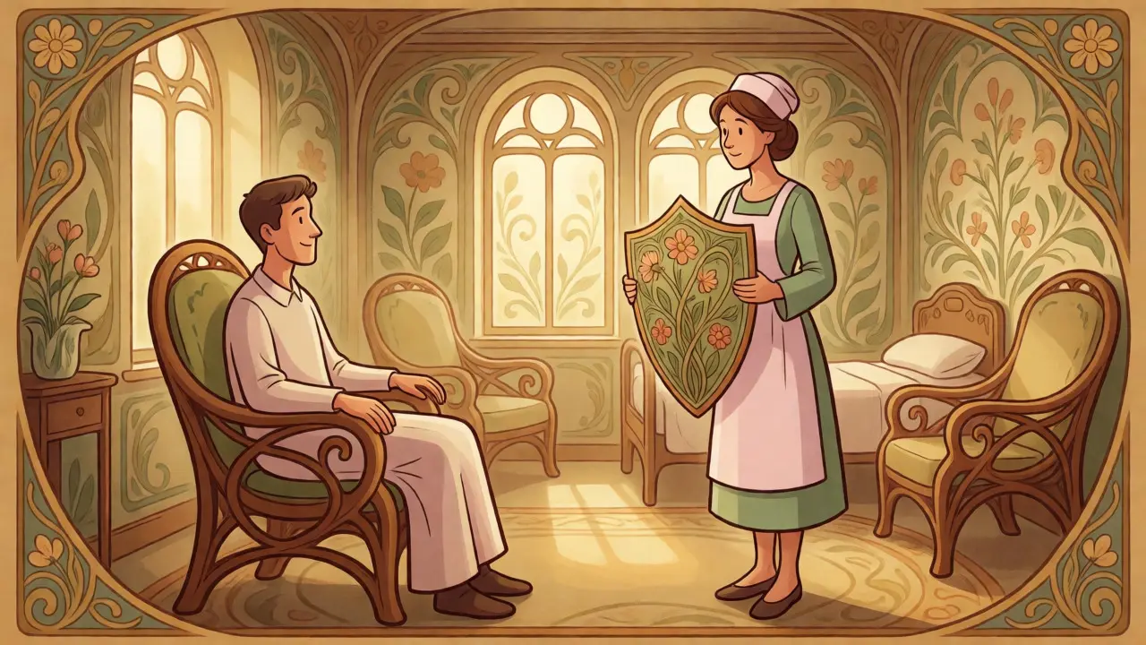 Elegantní ilustrační scéna psychiatrického oddělení s motivy ochrany a stability v barvách Art Nouveau.