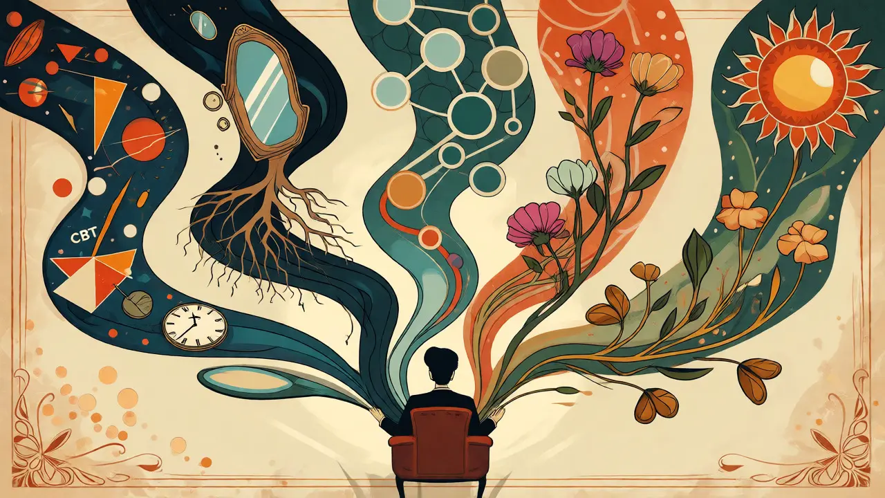 Ilustrace pěti různých terapeutických cest jako květinových stužek
