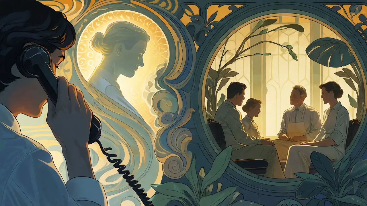 Ilustrace telefonického koučinku a rodinného sdílení ve stylu Art Nouveau