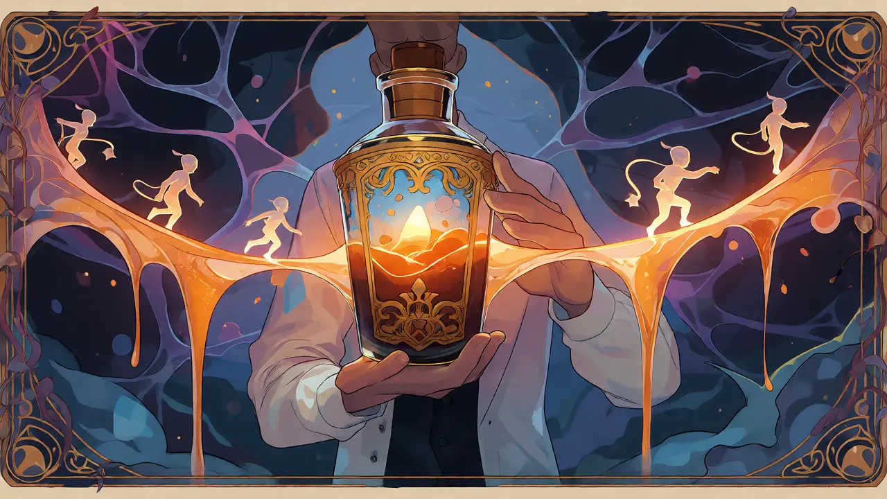 Lék na ADHD jako zlatý most přes neurony ve stylu Art Nouveau